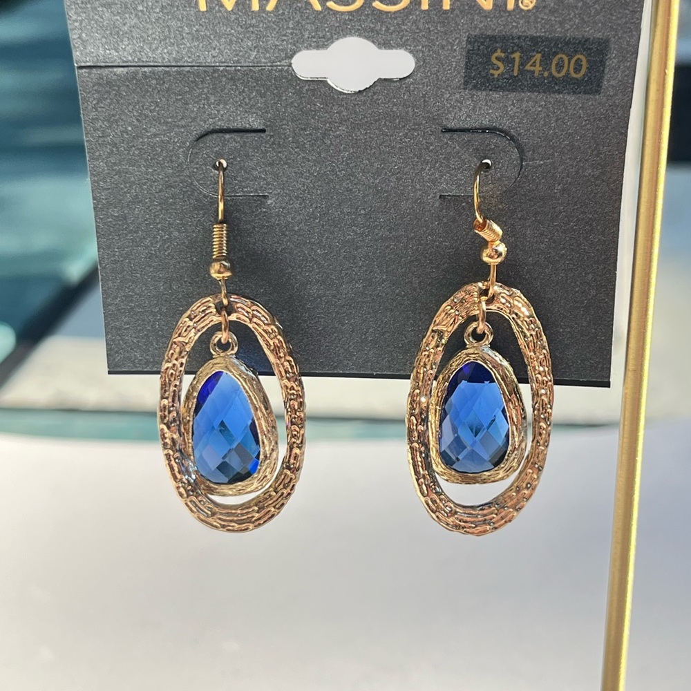 Massini Gold Tone and Blue Oval Dangle/Drop Earrings